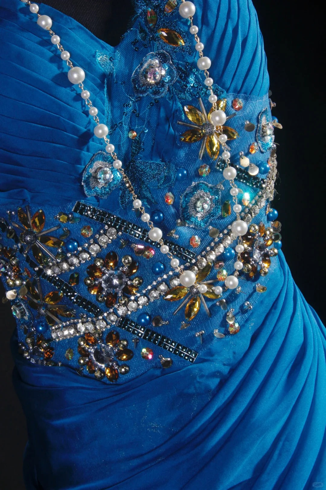 Robe de soirée vintage en satin et dentelle, bleu fantaisie, exquise, avec perles florales, nv5211