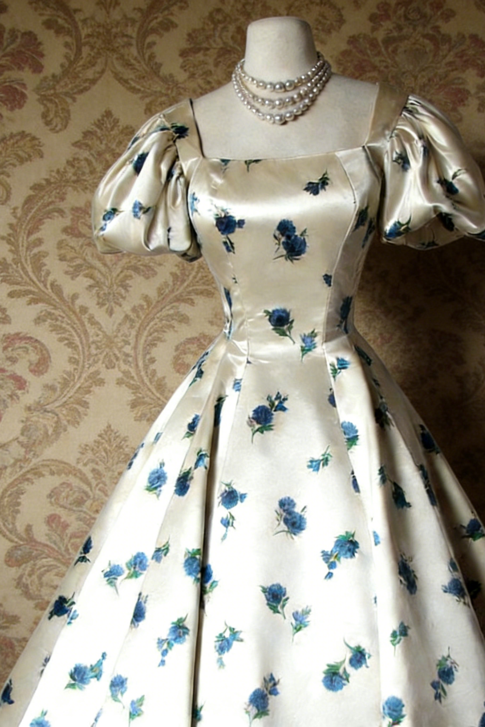 Satin Blue Floral Puff Sleeve Gown - Square Neck Corset Full Skirt Retro Party/Date/Light Evening Midi Dress NV6804