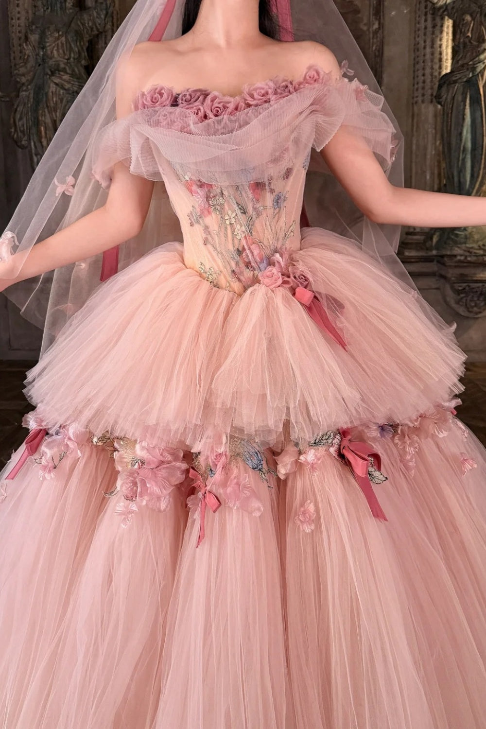 Pink floral long tulle ball gown NV6654