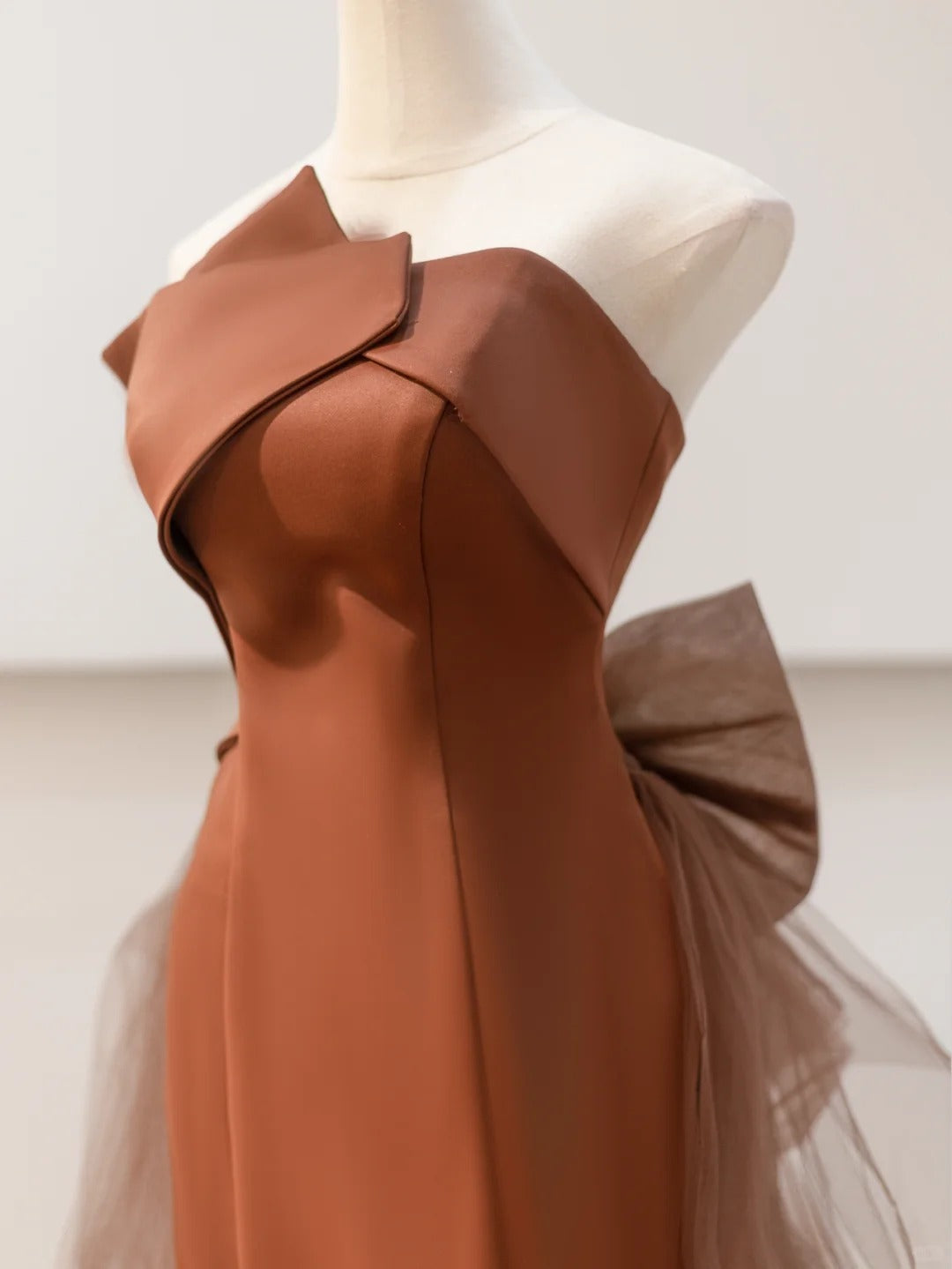 Brown Satin Elegant Long Mermaid Tulle Prom Dress Evening Dress Party Dress nv4752