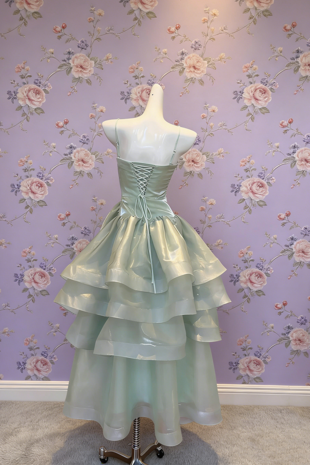 Mint Green Shimmer Organza Thin Spaghetti Strap Gown - Sweet Ethereal Asymmetric Layered Dress  NV6785