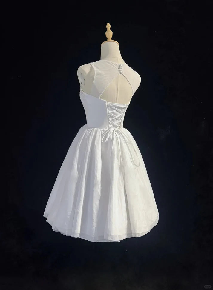 White pure simple beautiful sparkling fashion elegant exquisite rhinestone short mini backless floor length tulle homecoming  nv4289