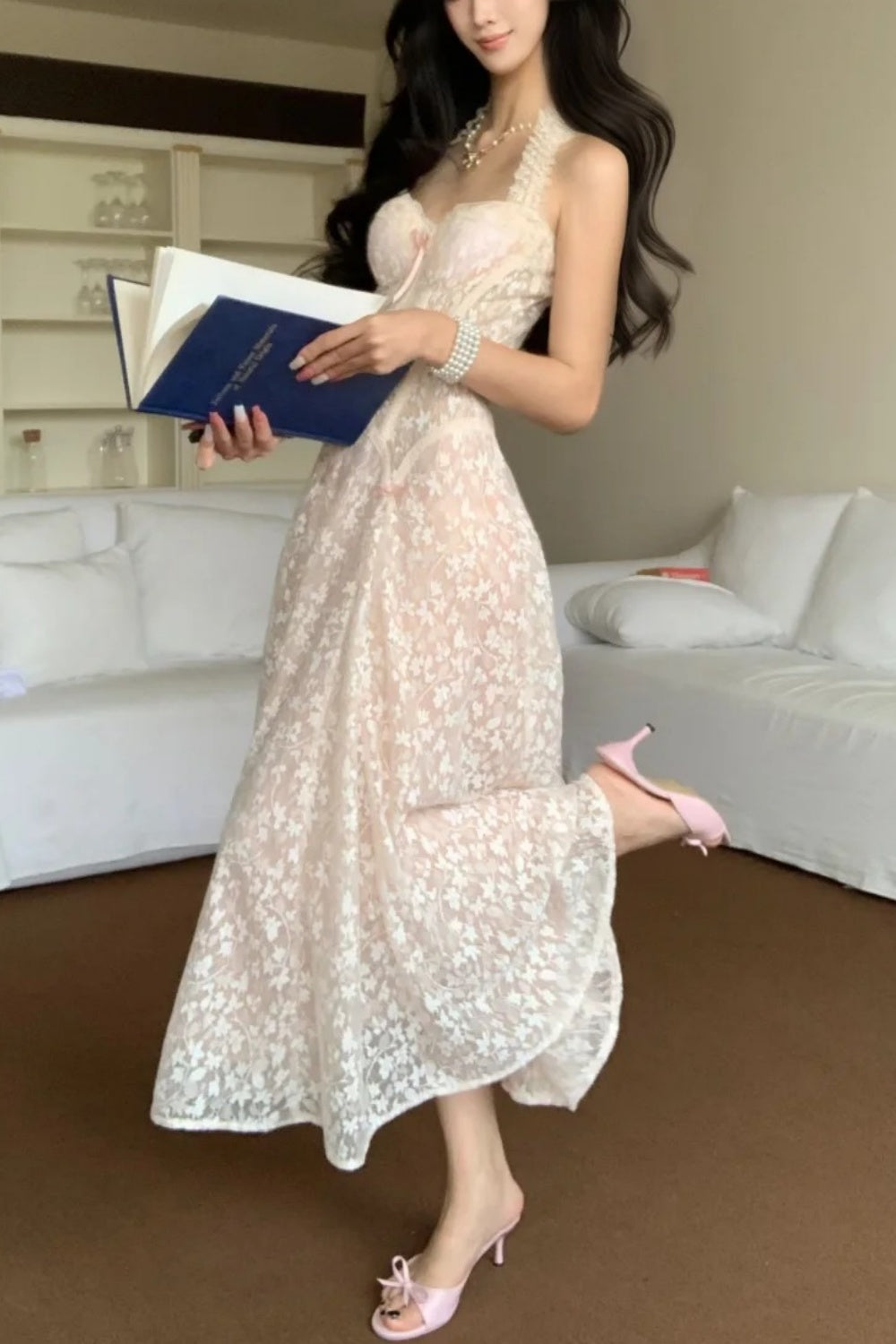 French Soft Flower Halter Lace Maxi Evening Dress NV6572