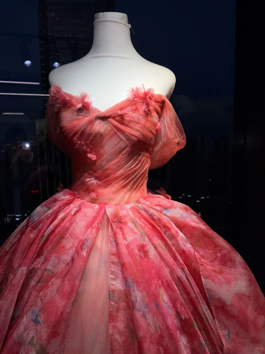Off Shoulder Orange Red Floral Print Tulle Prom Dress Sweetheart Ruched Layered Ball Gown  NV6990