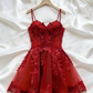 Red Lace Appliqué Spaghetti Strap Short Tulle Back-To-School Dress/Birthday Party Dress Nv4932