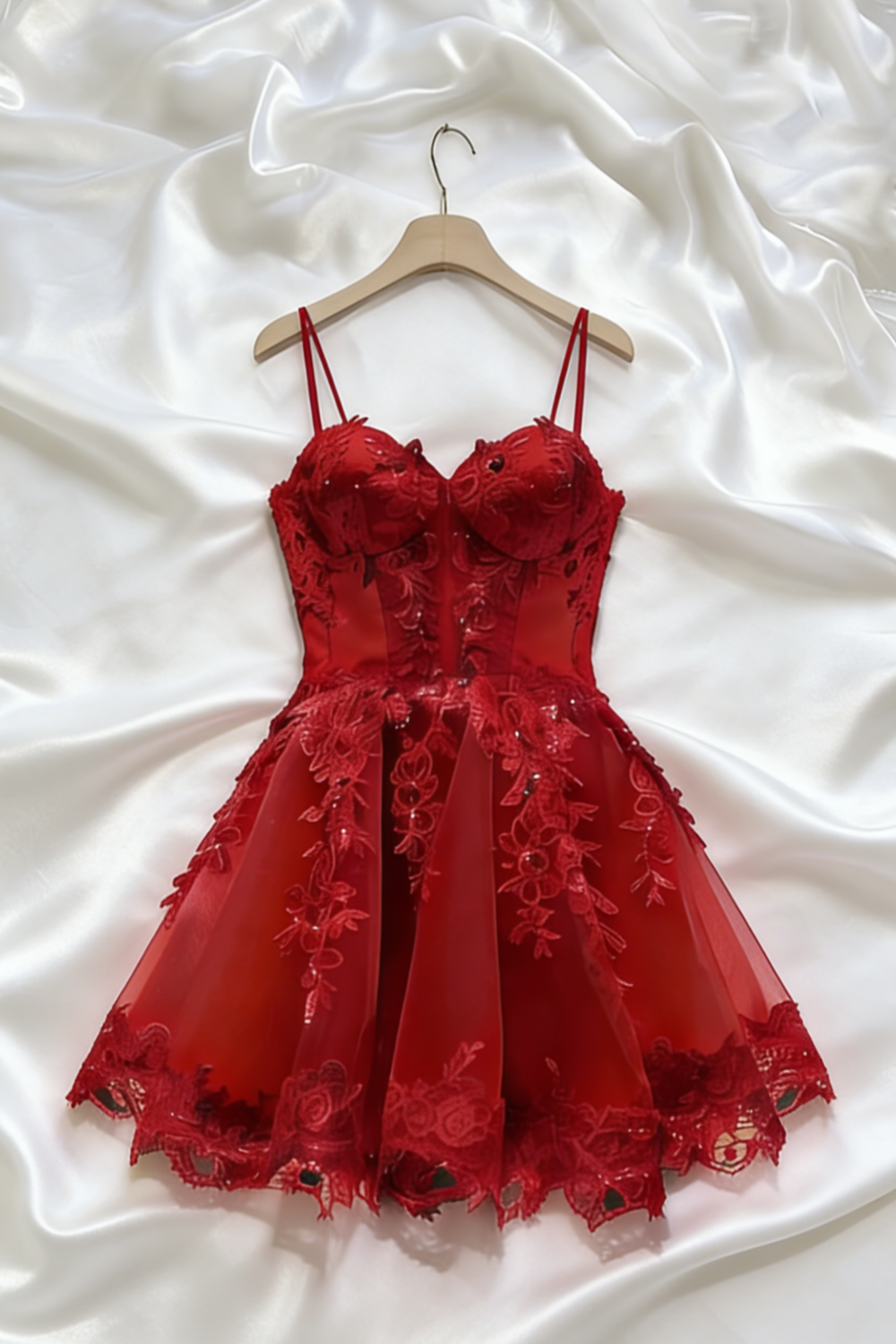 Red Lace Appliqué Spaghetti Strap Short Tulle Back-To-School Dress/Birthday Party Dress Nv4932
