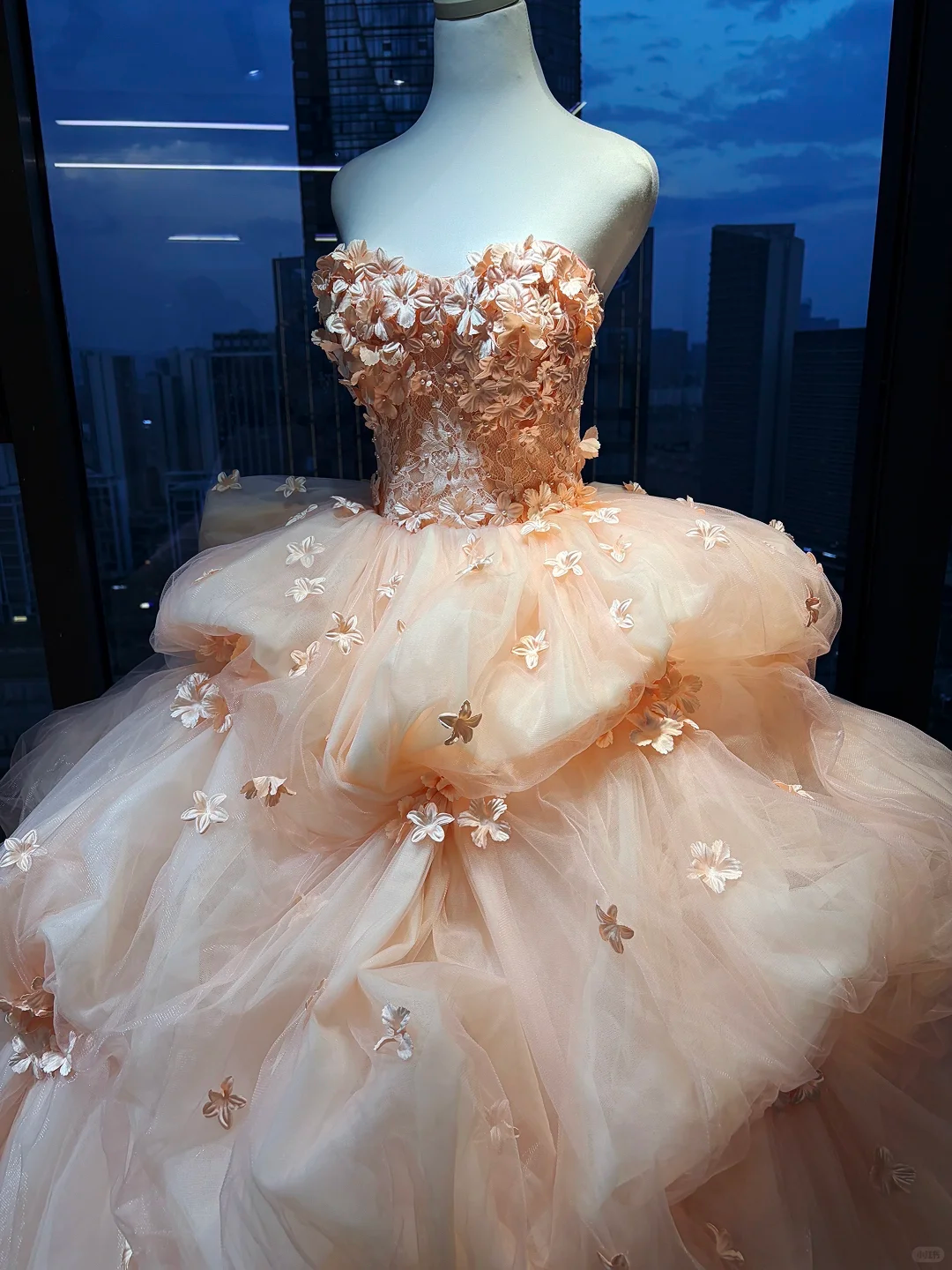 Strapless Peach Sweetheart Ball Gown Hand Beaded 3D Flower Layered Tulle Prom Dress  NV7041