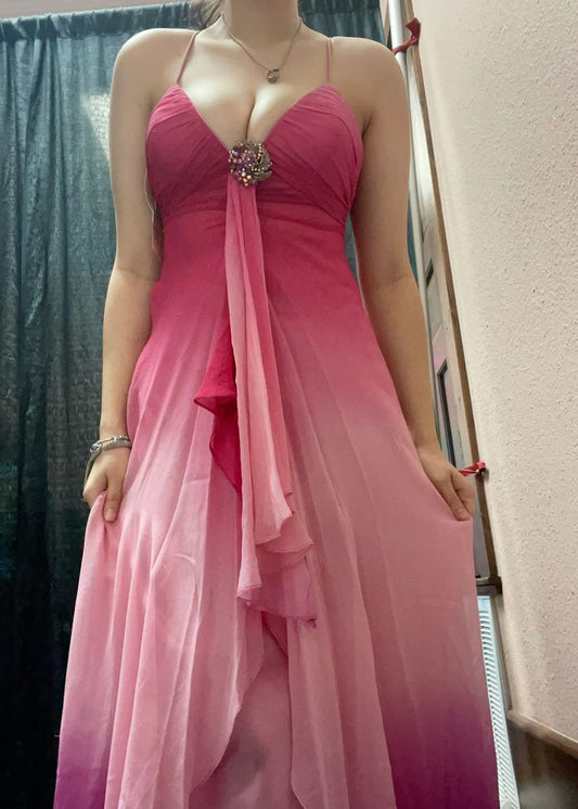 Robe de soirée longue en mousseline de soie rose à bretelles spaghetti et pierres précieuses exquises, robe de bal d'anniversaire, robe de soirée nv3910