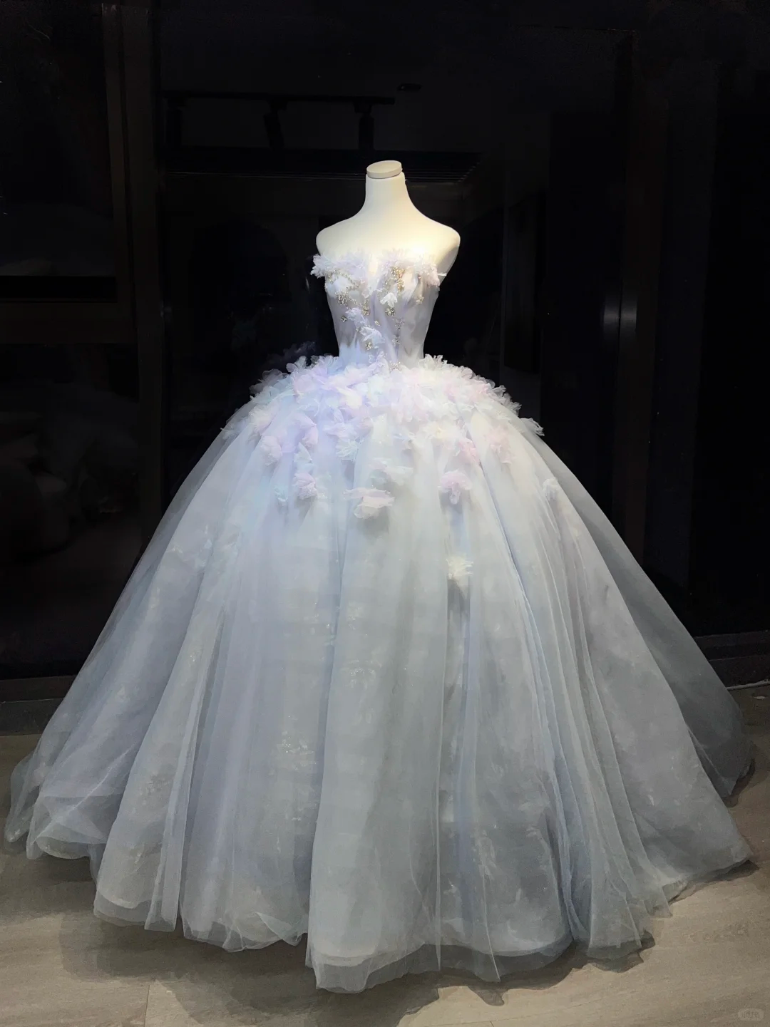 Strapless Light Lavender Blue Prom Dress Hand Beading 3D Flowers Sheer Tulle Ball Gown  NV7045
