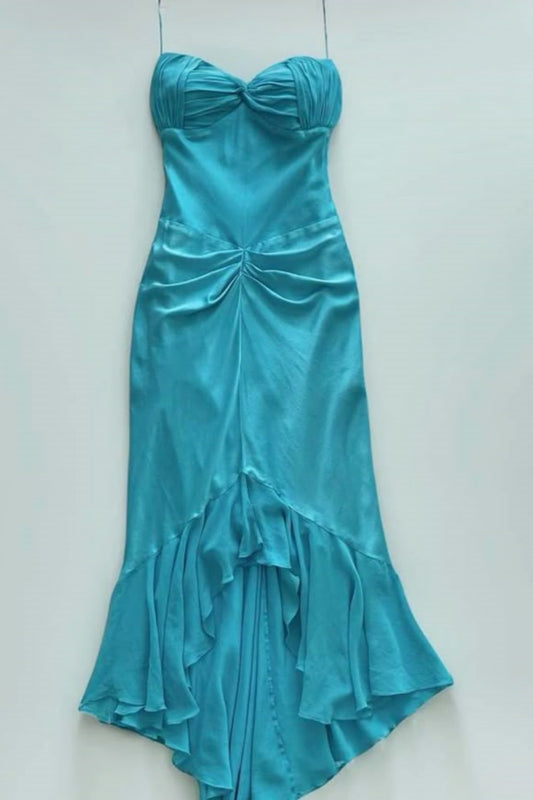 NiceVestidos--Blue satin spaghetti strap long ruffled prom dress fairy dress NV5703