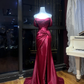 Burgundy Off Shoulder Mermaid Evening Dress, Draped Ruched Shimmer Gown With Train  NV7089