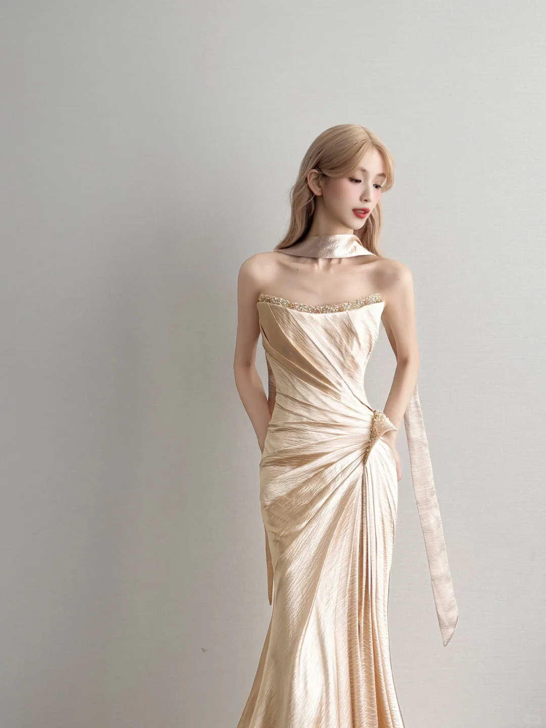Champagne Gold Satin Mermaid Prom Gown Strapless Ruched Sweep Train  NV7166