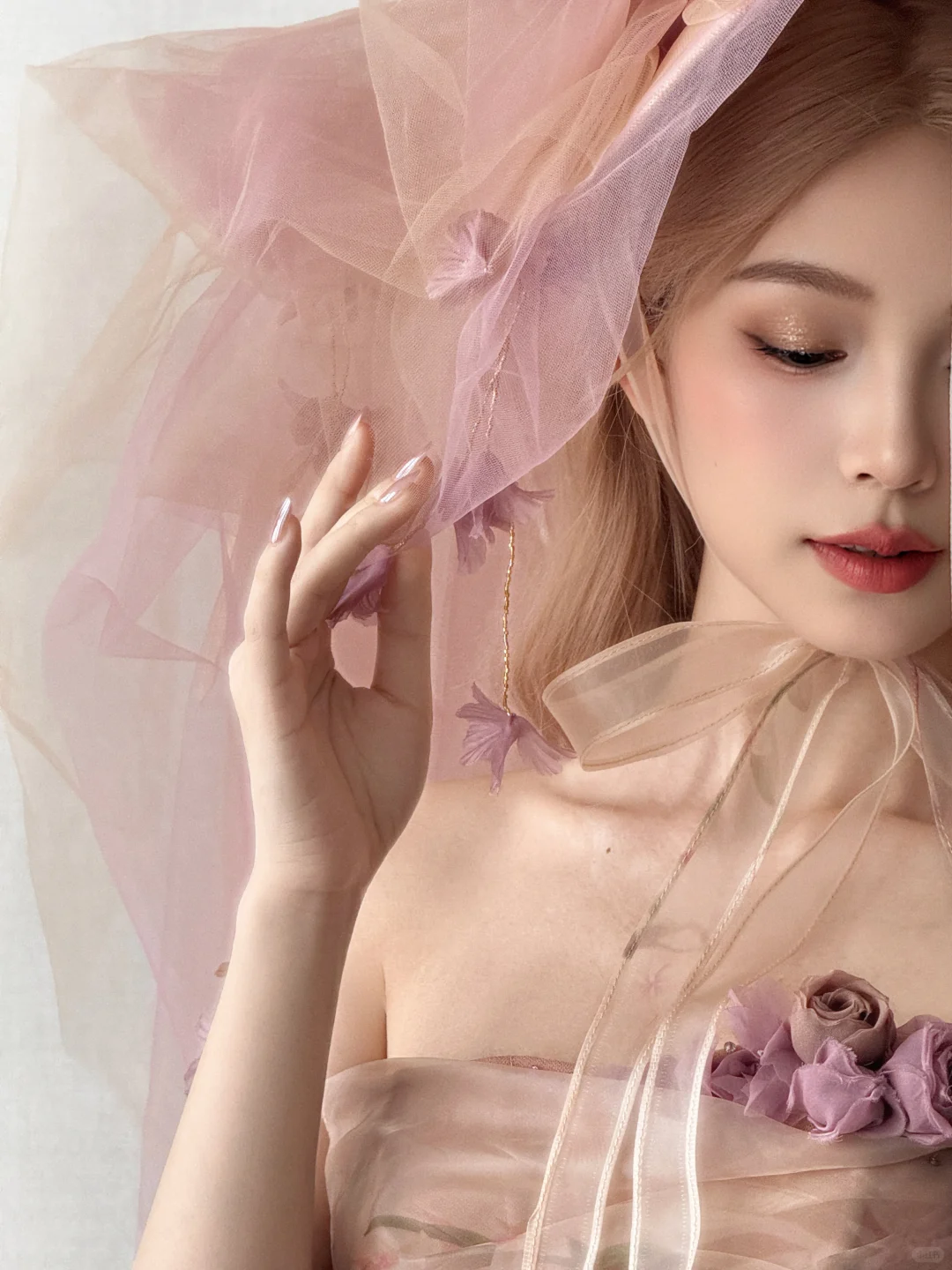 Strapless Pink Peach Tulle Ball Gown 3D Floral Prom Dress  NV7122