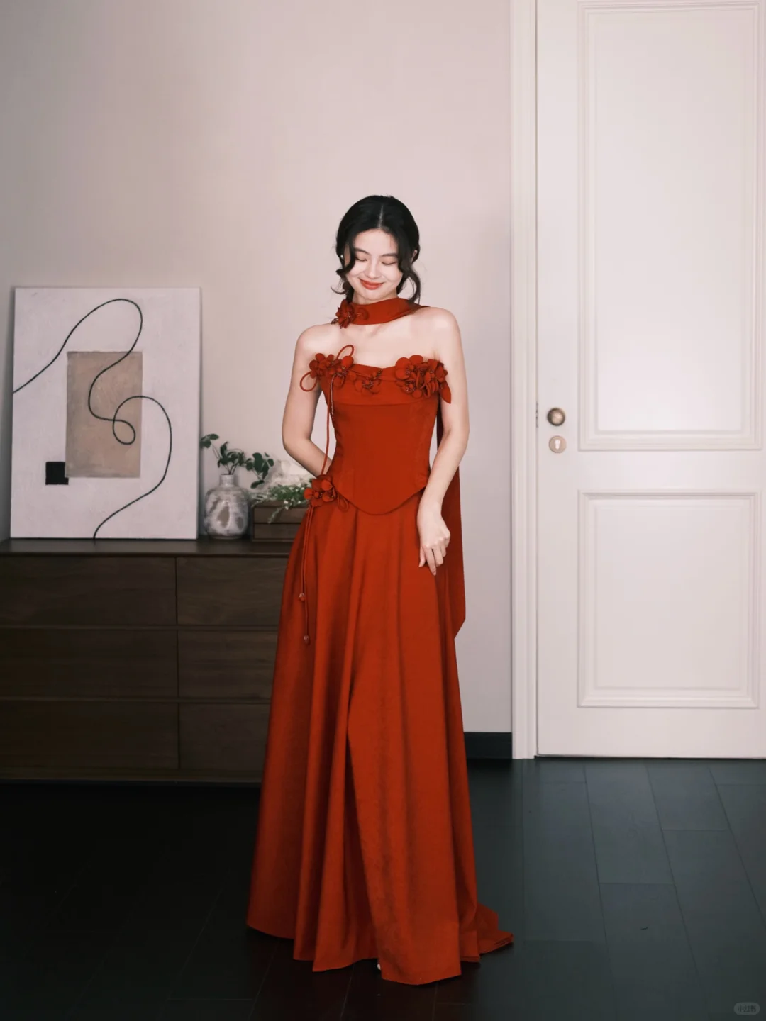 Strapless Red Boned Corset Prom Dress, Long A-Line Evening Gown with Handmade 3D Flowers  NV7325