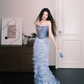 Strapless Dusty Blue Fringe Mermaid Prom Dress, Rhinestone Embellished Evening Gown  NV7330