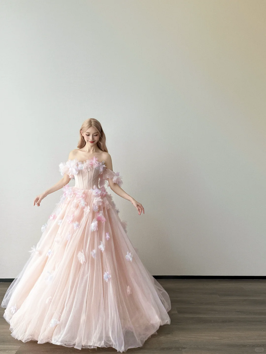 Off Shoulder Blush Pink Tulle Ball Gown 3D Floral Prom Dress  NV7125