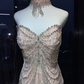 Strapless Nude Pink Mermaid Prom Dress Full Body Rhinestone Chain Beading Flowy Tulle Evening Gown  NV6984