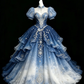 Blue To White Ombre Starry Sky Princess Prom Dress, High Neck Puff Sleeve Glitter Tulle Evening Gown  NV7455