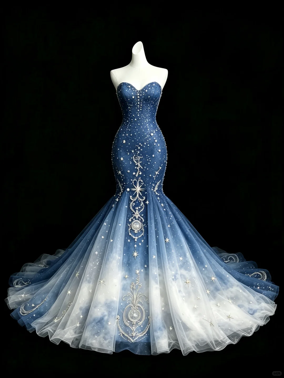 Blue to White Ombre Starry Sky Mermaid Prom Dress, Strapless Beaded Glitter Tulle Evening Gown  NV7456