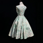 Off Shoulder Mint Green Vintage Prom Dress Floral Jacquard Satin Fit and Flare Tea Length Formal Gown  NV6906