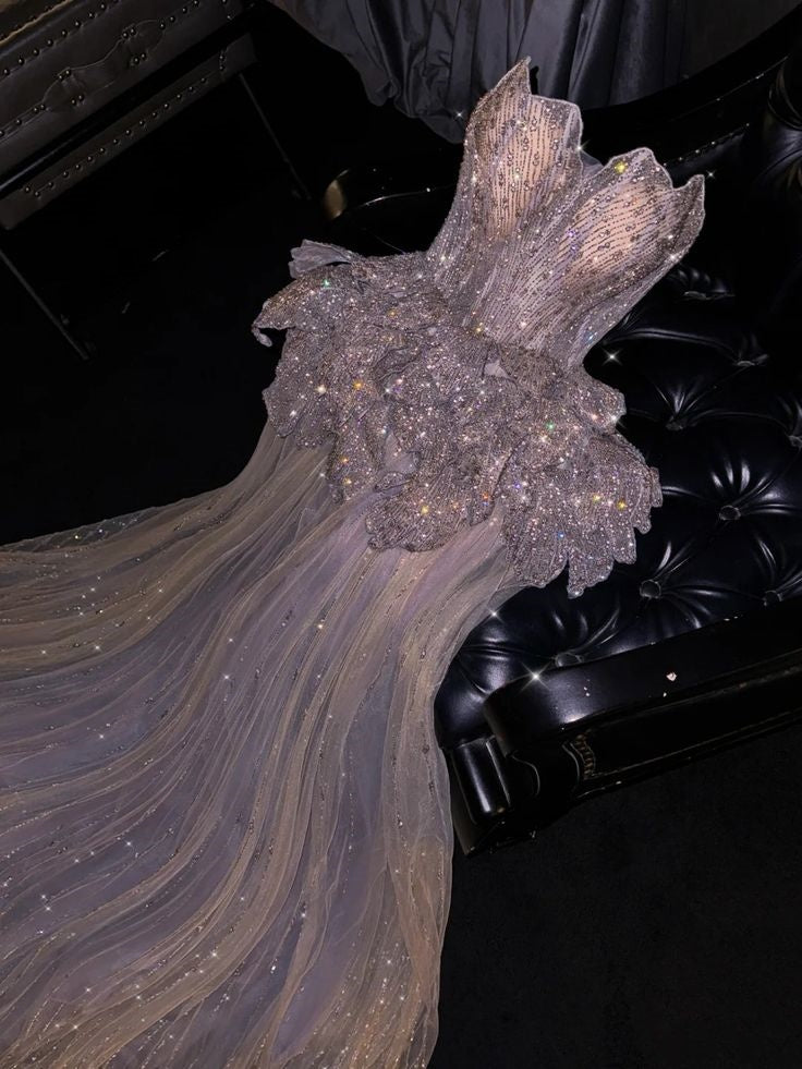 Weißes luxuriöses, glänzendes, elegantes A-Linien-Abendkleid mit exquisiten Perlen und langem Tüllballkleid, Partykleid, nv3483