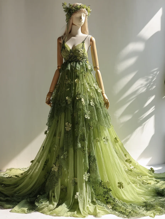 Ombre Green Fairy Tulle Gown with 3D Clover Appliqué and Long Train  NV7496