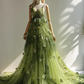 Ombre Green Fairy Tulle Gown with 3D Clover Appliqué and Long Train  NV7496