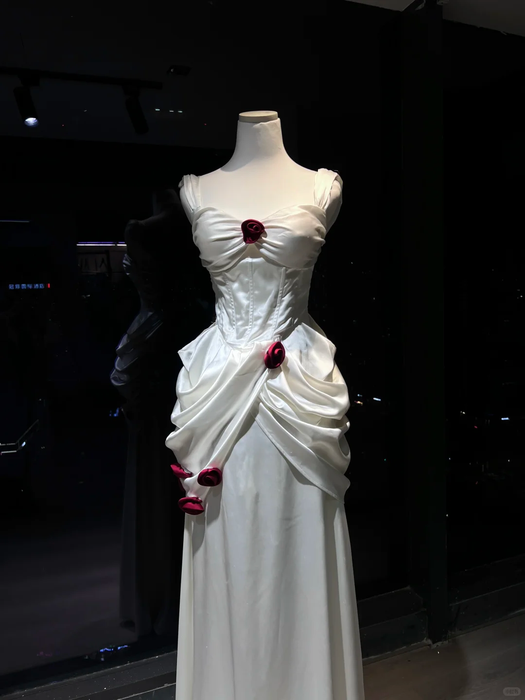 White Satin Corset Evening Dress, Spaghetti Strap Gown with 3D Burgundy Roses & Ruched Detail  NV7083