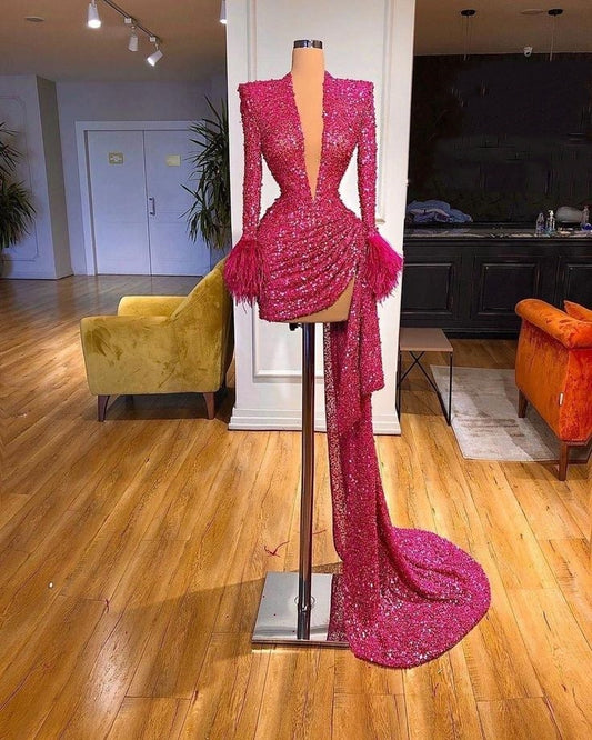 Robe de soirée courte élégante à manches longues et paillettes rose nv2870