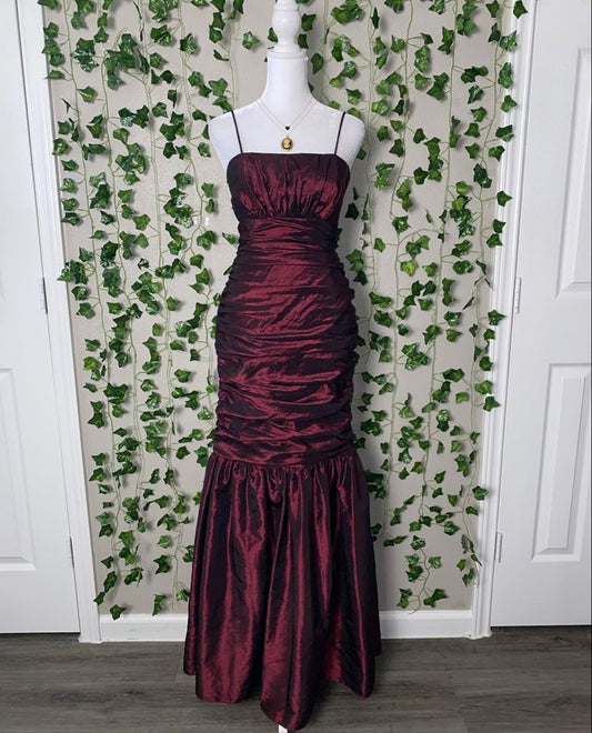 Burgundy Retro Fashion Elegant Spaghetti Strap Long Satin Formal Prom Dress Party Dress Evening Gown nv3632