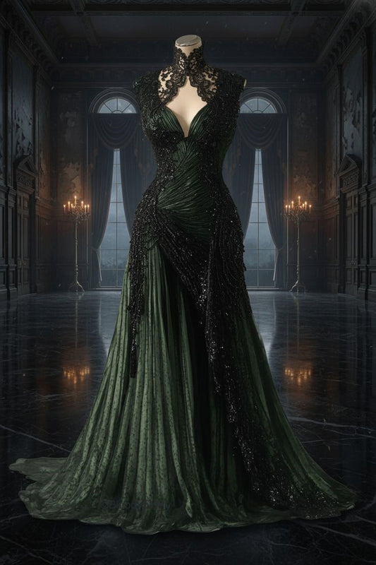 Gothic Dark Style High-Neck Deep V Gown | Emerald-Black Contrast Beaded Velvet Maxi Dress for Retro Theme Party High-End Dinner NV6291