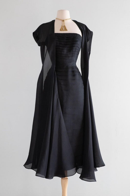 NiceVestidos--Birthday Cocktail Style Black Satin Pleated Strapless Dress Chiffon Short Sleeve Shrug Knee-Length Long Birthday Dress NV5808