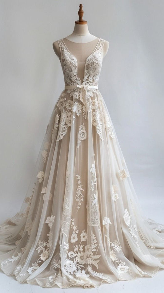 NiceVestidos-Nude Tulle Sleeveless 3D Lace-Embellished Floor-Length Light Wedding Dress NV6206