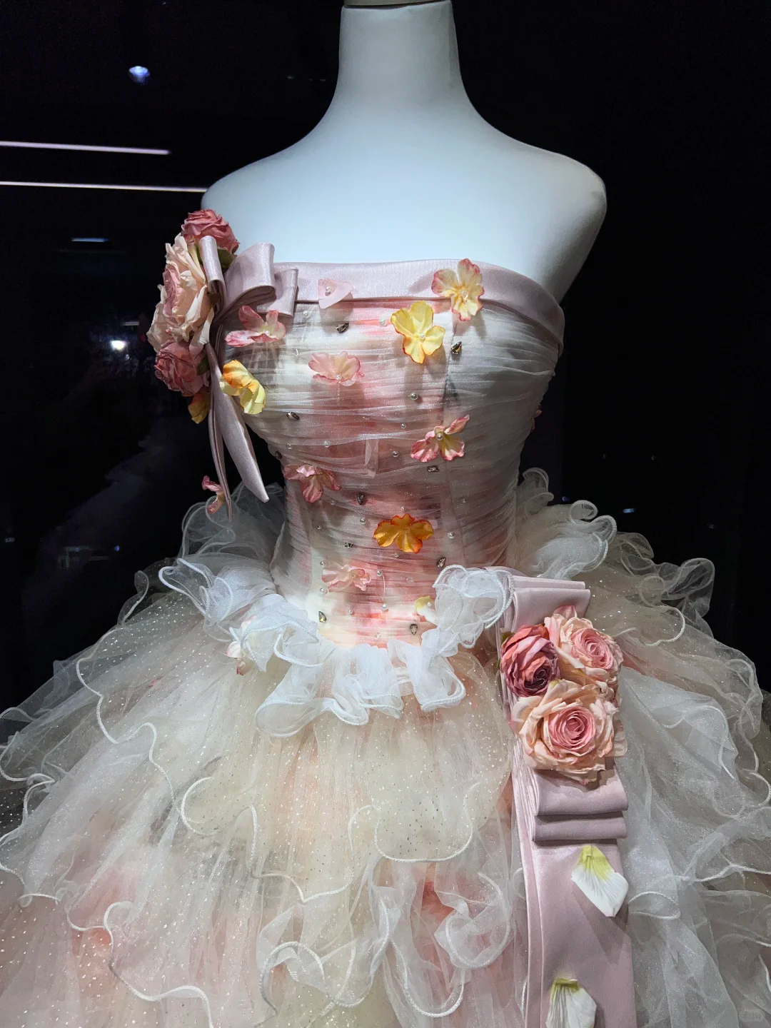Strapless Blush Pink Prom Dress Ruched 3D Rose Tiered Ruffle Glitter Tulle Ball Gown  NV7052