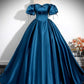 Robe de soirée longue en satin bleu paon à manches bouffantes et coupe trapèze nv2042