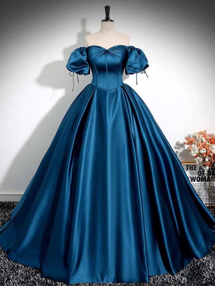 Robe de soirée longue en satin bleu paon à manches bouffantes et coupe trapèze nv2042