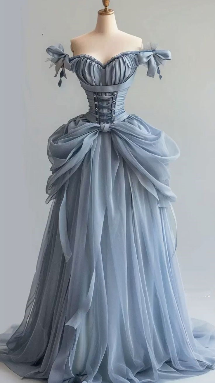 Blue Vintage Elegant Long Satin Tulle Ball Gown nv4829