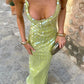 Limettengrünes rückenfreies Maxikleid mit Spaghettiträgern und Pailletten, sexy, elegantes langes Abendkleid, Partykleid, nv2692