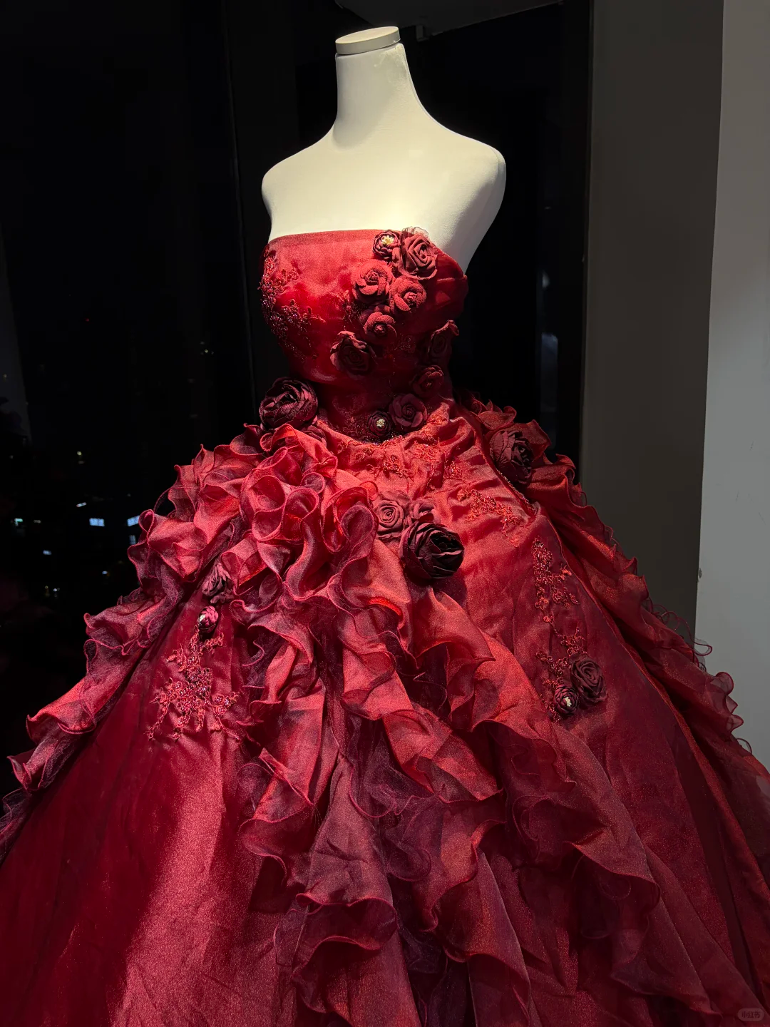 Burgundy Strapless Ball Gown 3D Rose Beaded Ruffle Tulle Formal Evening Dress  NV6972