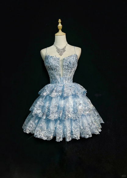 Ice Blue Spaghetti Straps Corset Short Prom Dress 3D Floral Sequin Lace Tiered Ruffle Tulle Mini Formal Gown  NV6890