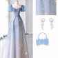 Light blue shiny elegant sweetheart neckline exquisite beading short sleeve long tulle ball gown evening dress graduation dress nv3785