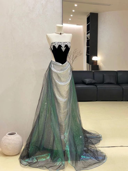 Silver Vintage Beading Long Satin Ball Gown Evening Dress Party Dress nv4862