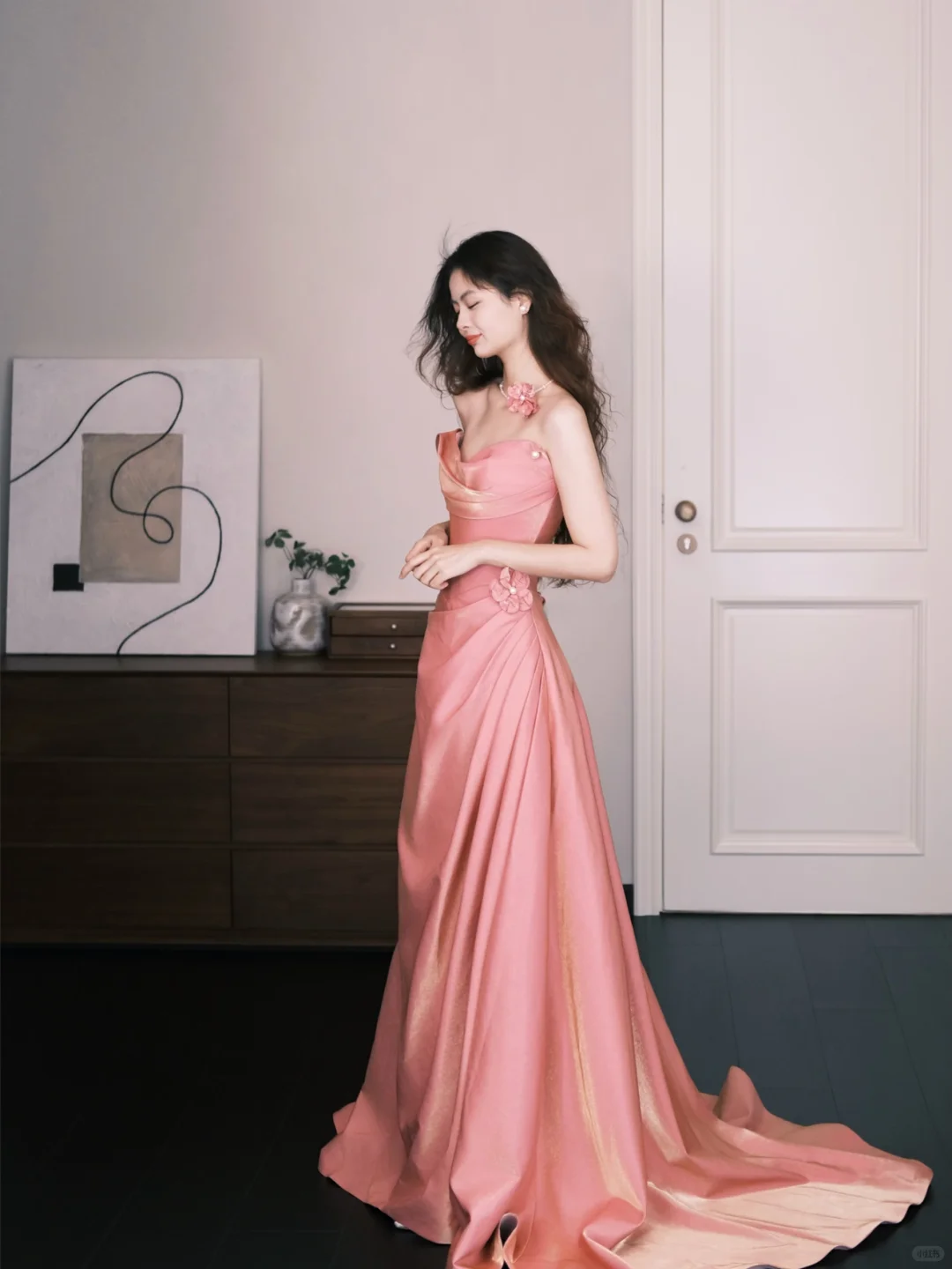 Strapless Cowl Neck Dusty Pink Satin Evening Dress with 3D Flower  NV7358