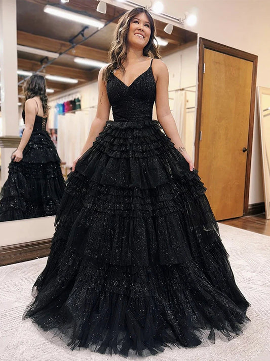 Einzigartiges langes schwarzes Ballkleid mit V-Ausschnitt und Pailletten aus Tüll, langes Abendkleid aus Tüll nv1519