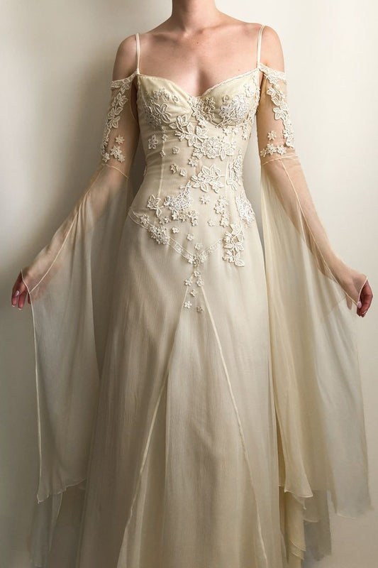 NiceVestidos – Chiffon-Ballkleid mit Blumenmuster und langen Ärmeln, Feenkleid NV5882