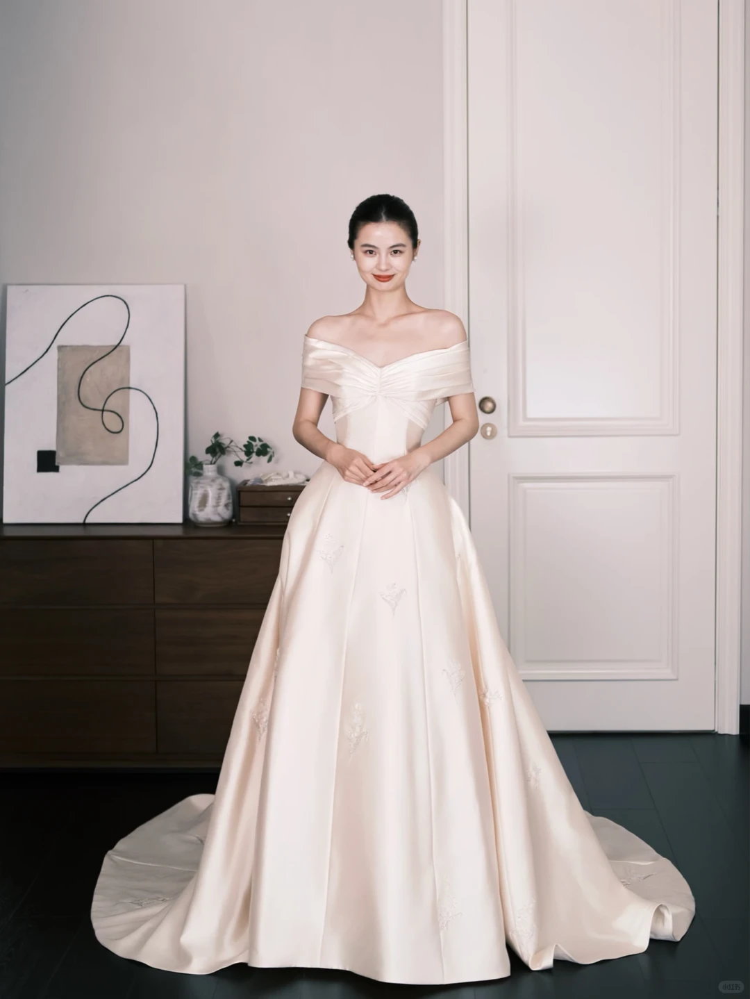 Off Shoulder Satin Ballgown Wedding Dress, Ivory Embroidered Bridal Gown  NV7285