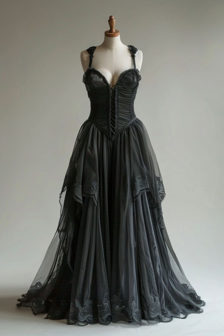 Gothic Romantic Style Spaghetti Strap Corset Gown | Black Tulle Lace Multi-Layer Ballgown Maxi Dress for Retro Theme Party High-End Dinner NV6280