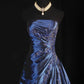 Robe de bal élégante en satin bleu marine, vintage, élégante, à épaules dénudées, longue, à perles, nv3769