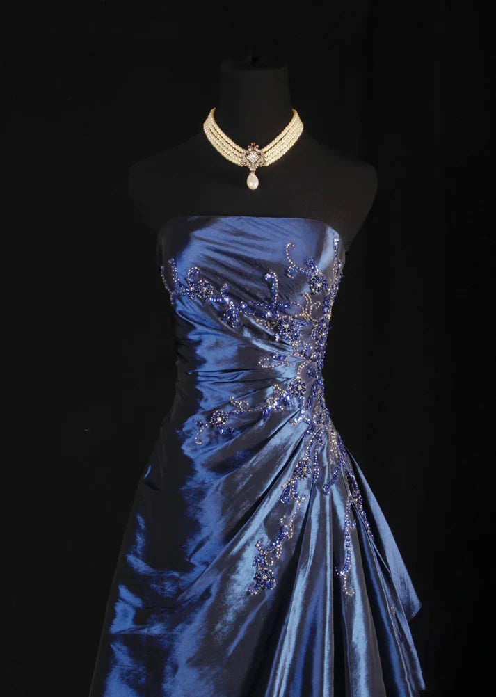Robe de bal élégante en satin bleu marine, vintage, élégante, à épaules dénudées, longue, à perles, nv3769