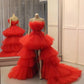 Robe de soirée longue en tulle à la mode rouge unique, robe de bal à plusieurs niveaux, jupe courte devant long dos, robe maxi nv2722